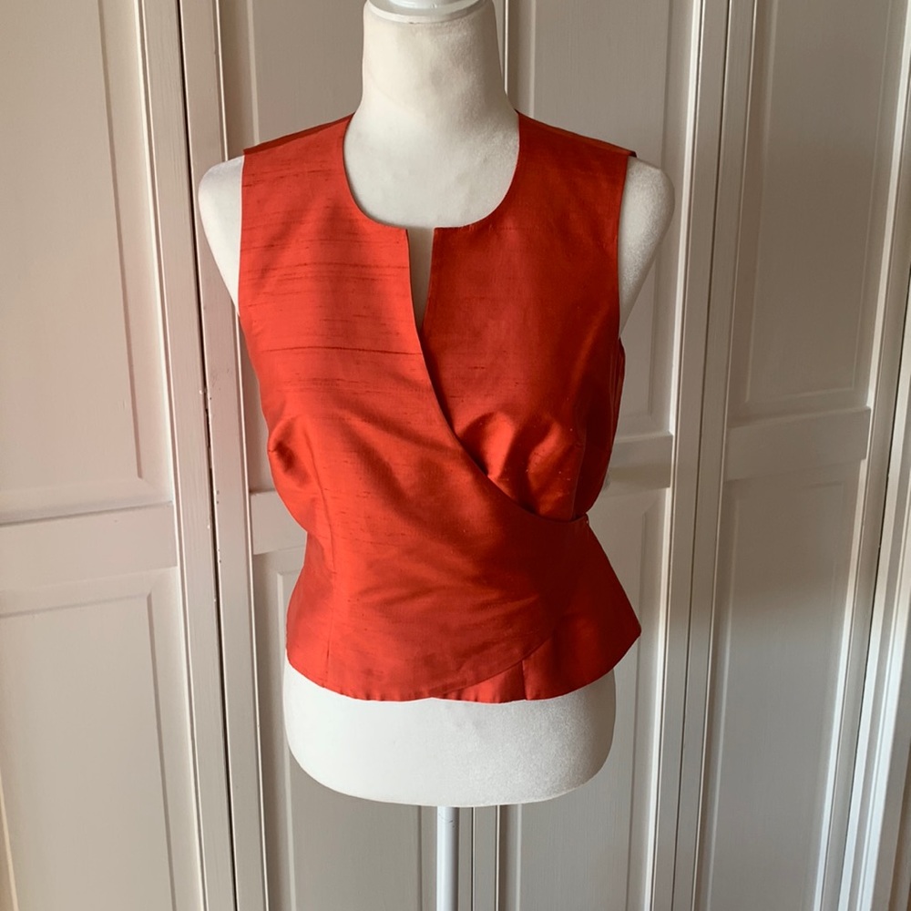 Ann Taylor Orange-Red Sleeveless Satin Wrap Blouse